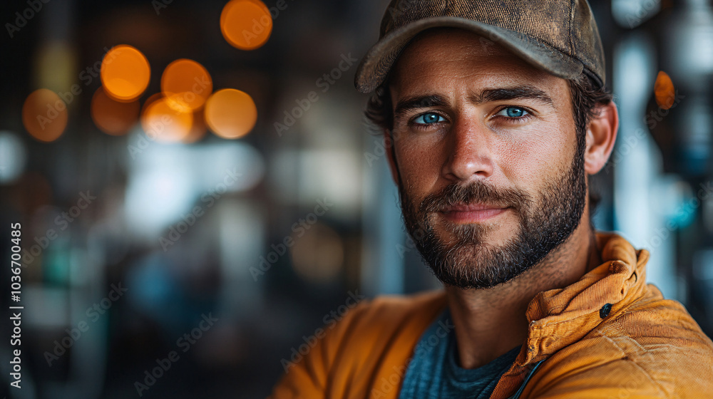 Rugged man in a cap and jacket, intense blue eyes and confident posture. Warm, glowing bokeh lights in the background create a cozy, casual atmosphere Rugged man in a cap and jacket, intense blue eyes and confident posture. Warm, glowing bokeh lights in the background create a cozy, casual atmosphere