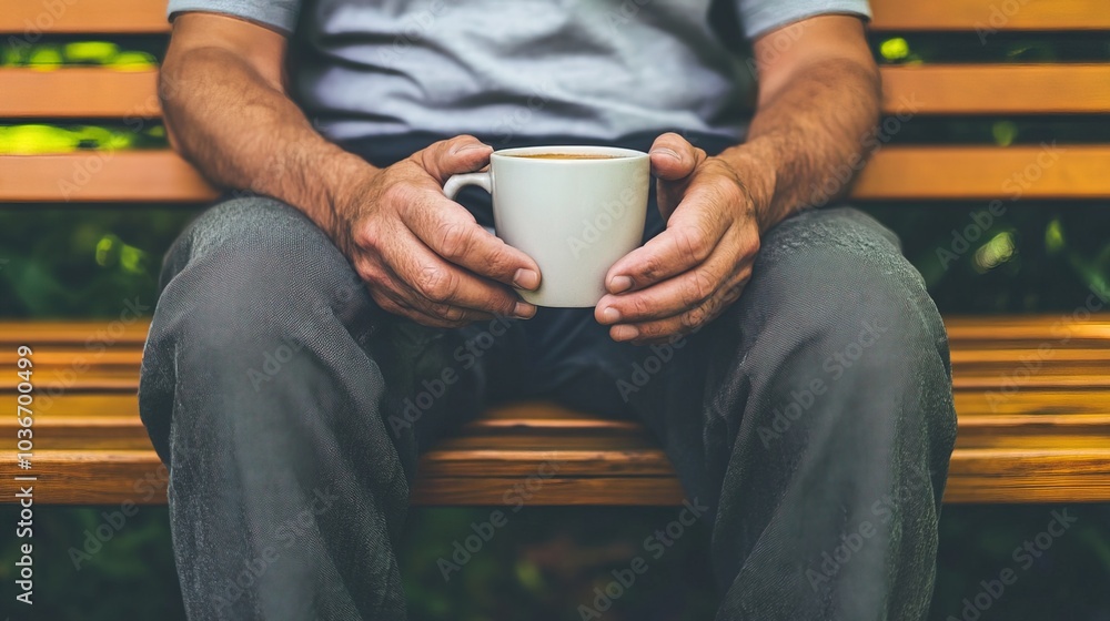 Middle-aged man with slight tremor holding cup of coffee on park bench, symbolizing struggle with Parkinson's disease, calm natural setting. Middle-aged man with slight tremor holding cup of coffee on park bench, symbolizing struggle with Parkinson's disease, calm natural setting.