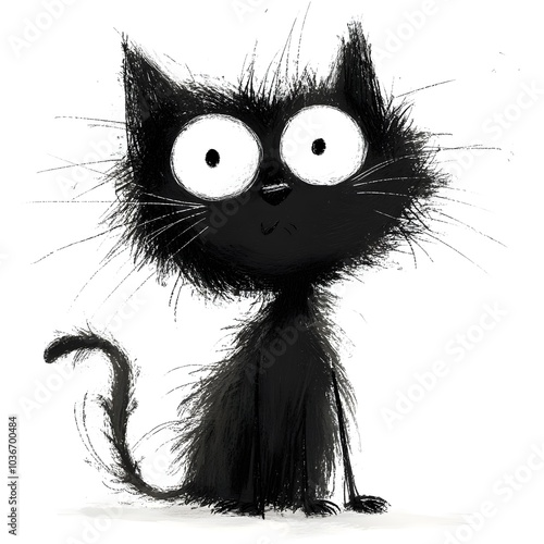 A whimsical black cat character with large expressive eyes, featuring a fluffy tail and spiky fur, set against a simple white background.