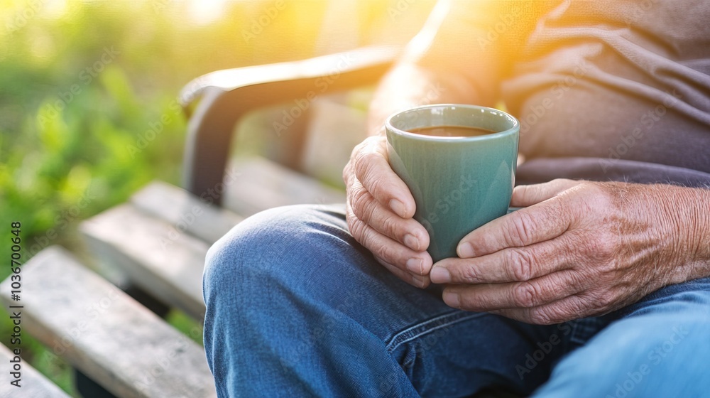 Middle-aged man with slight tremor holding cup of coffee on park bench, symbolizing struggle with Parkinson's disease, calm natural setting. Middle-aged man with slight tremor holding cup of coffee on park bench, symbolizing struggle with Parkinson's disease, calm natural setting.