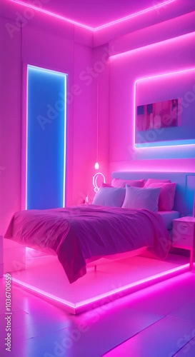 A neon blue and pink room with a white bed and a blue and pink shower The room is bright and colorful giving off a fun and energetic vibe 4K verticalA neon blue and pink room with a white bed and a bl photo