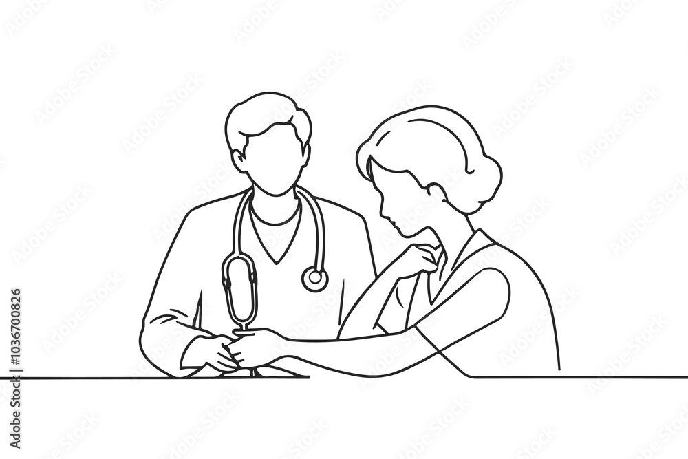 Doctor with Stethoscope and Patient. Doctor's Appointment Concept Minimalist Black Sketch Line Drawing. Treatment Simple Cartoon Vector Illustration on White Background Doctor with Stethoscope and Patient. Doctor's Appointment Concept Minimalist Black Sketch Line Drawing. Treatment Simple Cartoon Vector Illustration on White Background