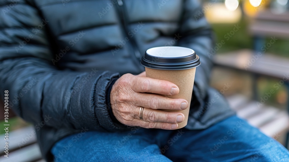 Middle-aged man with slight tremor holding cup of coffee on park bench, symbolizing struggle with Parkinson's disease, calm natural setting. Middle-aged man with slight tremor holding cup of coffee on park bench, symbolizing struggle with Parkinson's disease, calm natural setting.