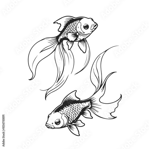Two Goldfish Silhouette. Cute Fish Black Sketch on White Background. Cartoon Vector Illustration