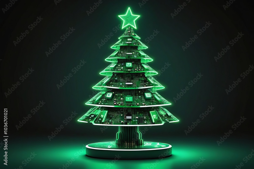 Digital illustration of a Christmas tree coming out of a panel and neon green in a modern high tech style. Digital illustration of a Christmas tree coming out of a panel and neon green in a modern high tech style.