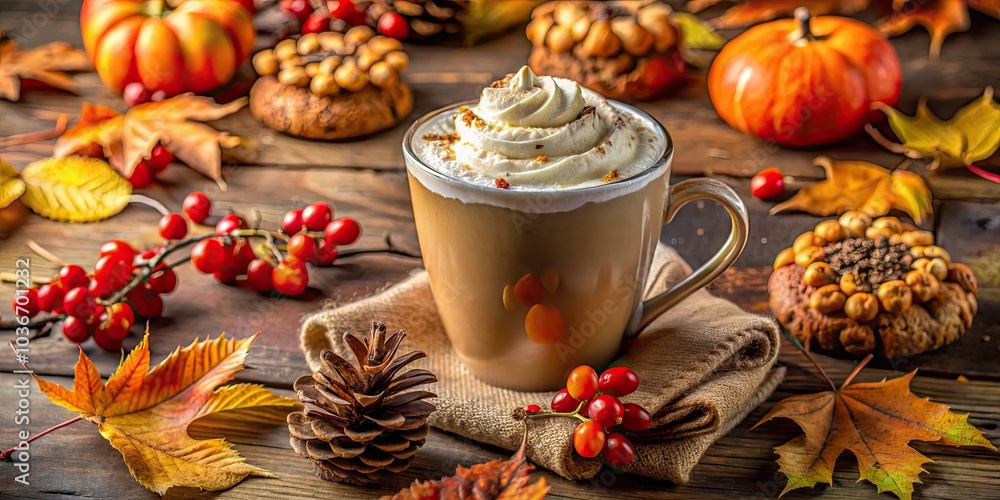 Cozy Autumn Vibes with Pumpkin Spice Coffee Latte, Whipped Cream, Cookies, Fall Leaves, Fir Cones, and Rowan Berries in a Warm Setting Cozy Autumn Vibes with Pumpkin Spice Coffee Latte, Whipped Cream, Cookies, Fall Leaves, Fir Cones, and Rowan Berries in a Warm Setting