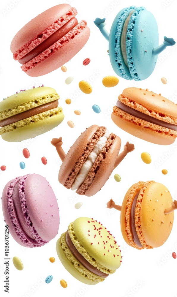 Playful Macarons with Arms and Faces in Cute Cartoon Style