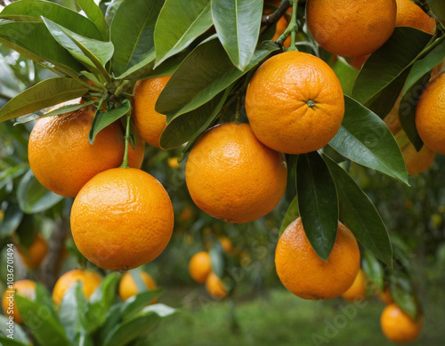 Bunch of fresh ripe oranges hanging on a tree in orange garden. Details of Spain