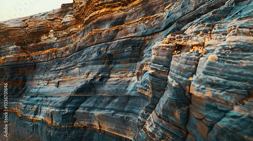 A close-up view of a canyon wall, emphasizing the stratified rock layers and color variations. photo