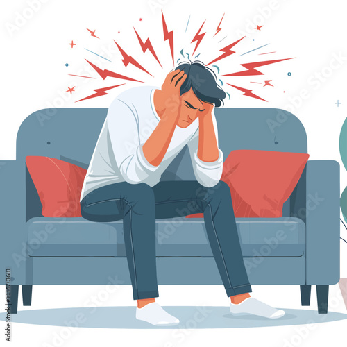 A man is sitting on a couch with his head in his hands