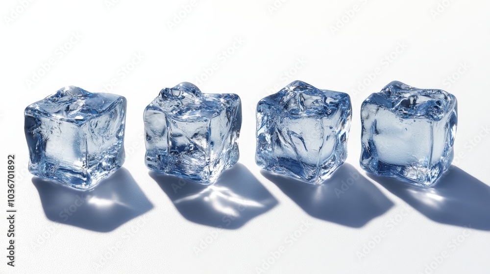 Four blue ice cubes on a white background. The cubes are all the same size and shape. Concept of uniformity and order Four blue ice cubes on a white background. The cubes are all the same size and shape. Concept of uniformity and order