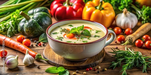 Creamy Vegetable Soup with Herbs in Double Exposure Photography, Capturing the Essence of Fresh Ingredients, Culinary Art, and Warmth for Food Lovers and Chefs