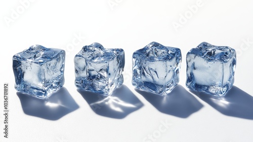 Four blue ice cubes on a white background. The cubes are all the same size and shape. Concept of uniformity and order photo