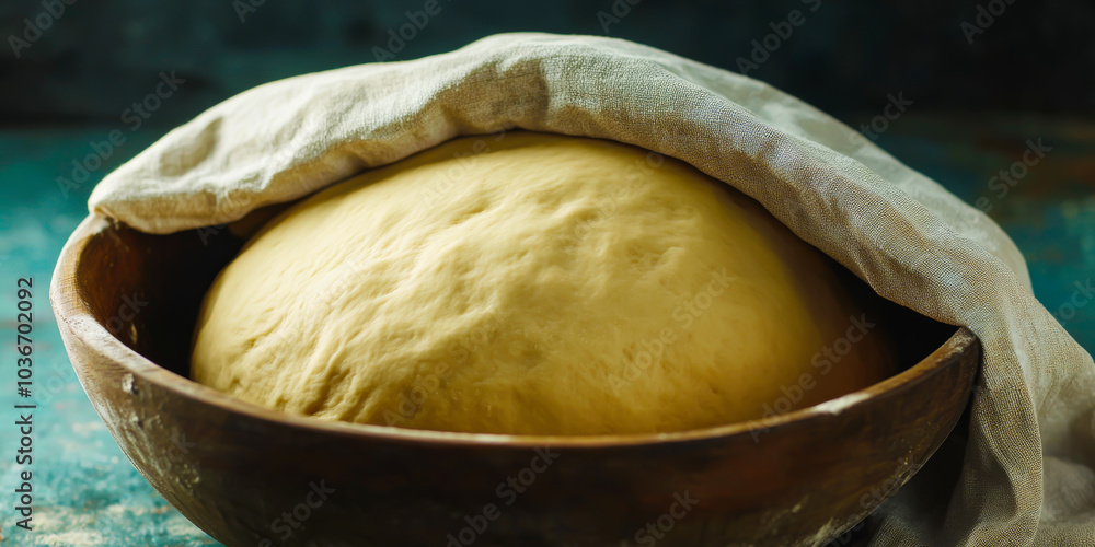 A bowl filled with dough is covered with a cloth A bowl filled with dough is covered with a cloth