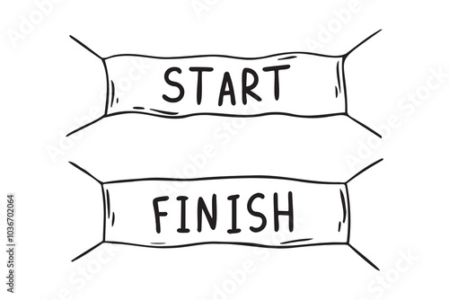 Hand drawn start and finish doodle line banners, streamers, flags for outdoor sport event. competition race, run