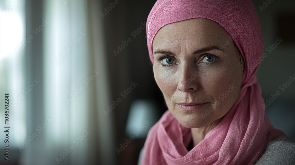 A older woman with cancer, wearing a pink scarf, looks directly into the camera Breast Cancer support A older woman with cancer, wearing a pink scarf, looks directly into the camera Breast Cancer support