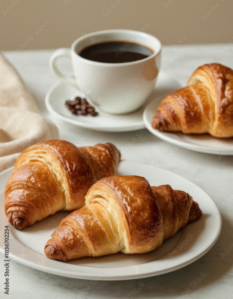 Two cups of coffee and a croissant on a plate in hand on a light background Two cups of coffee and a croissant on a plate in hand on a light background