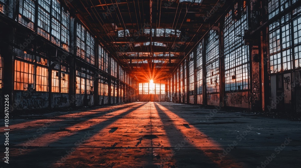 Abandoned warehouse interior with sunset light through large windows. Abandoned warehouse interior with sunset light through large windows.