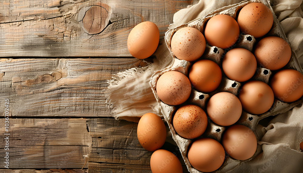 Carton of raw chicken eggs on wooden background, top view. Space for text Carton of raw chicken eggs on wooden background, top view. Space for text