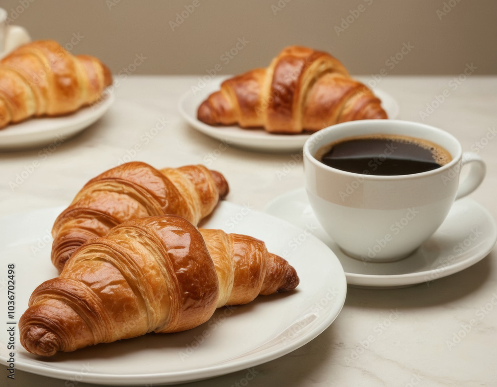 Two cups of coffee and a croissant on a plate in hand on a light background Two cups of coffee and a croissant on a plate in hand on a light background
