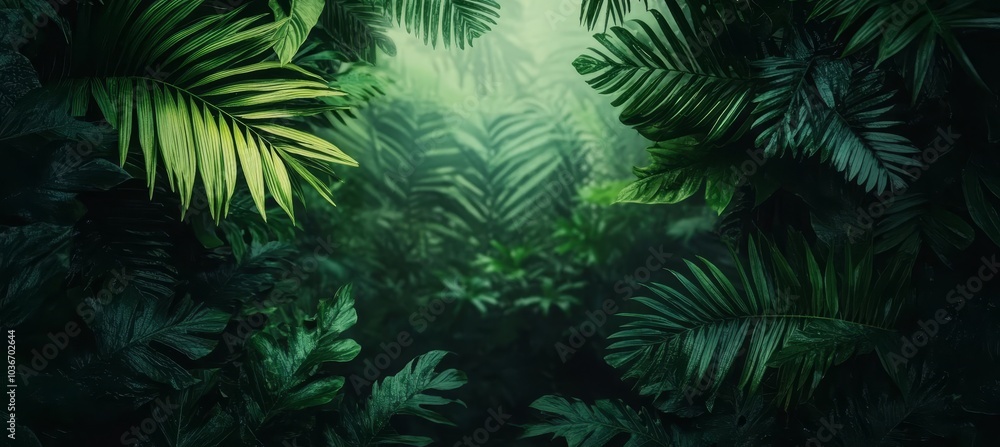 Lush Tropical Forest Background, Misty Jungle With Abundance Of Green Foliages Plants and Palm Trees Lush Tropical Forest Background, Misty Jungle With Abundance Of Green Foliages Plants and Palm Trees