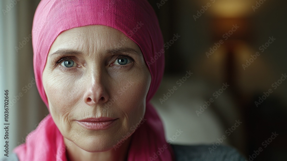 A older woman with cancer, wearing a pink scarf, looks directly into the camera Breast Cancer support A older woman with cancer, wearing a pink scarf, looks directly into the camera Breast Cancer support