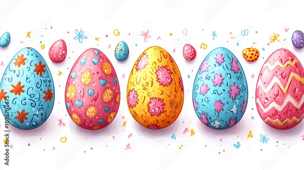 Seamless horizontal pattern of cute handdrawn Easter eggs in bright pastel shades with fun and creative designs perfect for a festive wallpaper or banner for Easter celebrations Seamless horizontal pattern of cute handdrawn Easter eggs in bright pastel shades with fun and creative designs perfect for a festive wallpaper or banner for Easter celebrations