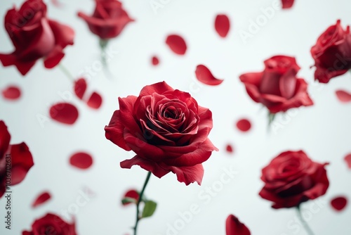 Close up of a red rose with a few petals falling around it. Concept of beauty and elegance, as well as the fleeting nature of life. The falling petals suggest that time is passing