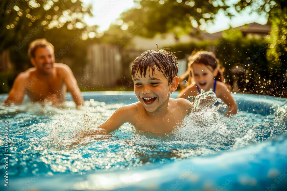 A boy is splashing in a pool with his family. Scene is happy and playful A boy is splashing in a pool with his family. Scene is happy and playful