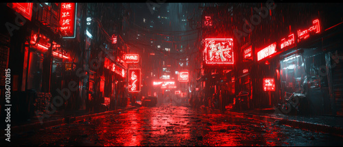 A city street with neon signs and rain. The neon signs are red and the street is wet