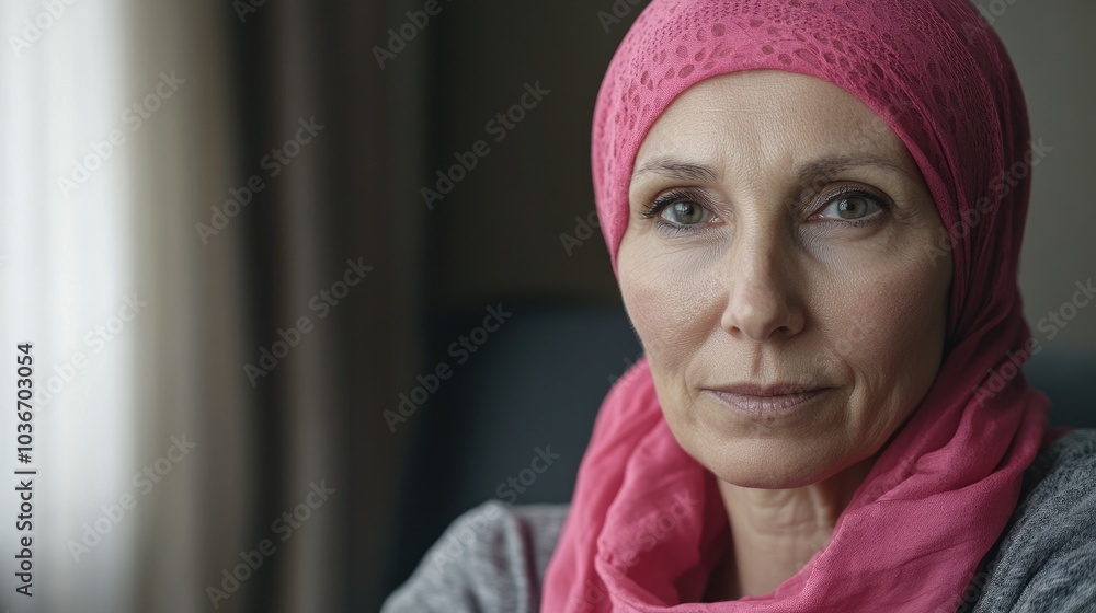 A older woman with cancer, wearing a pink scarf, looks directly into the camera Breast Cancer support A older woman with cancer, wearing a pink scarf, looks directly into the camera Breast Cancer support