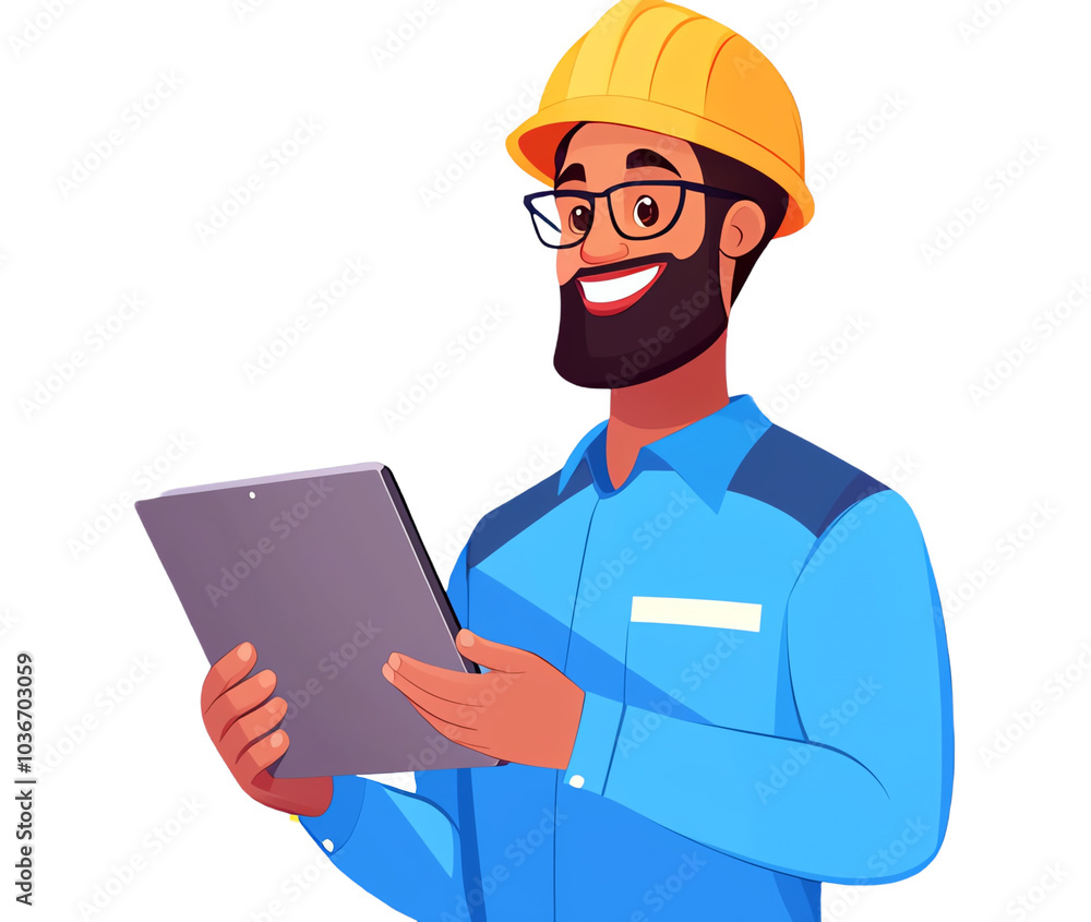 Happy worker in a hardhat holding a tablet, white isolate background. transparent background Happy worker in a hardhat holding a tablet, white isolate background. transparent background