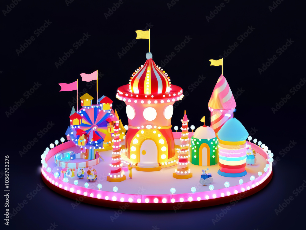 A colorful carnival scene with a large red and white building in the center. The scene is lit up and he is a 3D model A colorful carnival scene with a large red and white building in the center. The scene is lit up and he is a 3D model