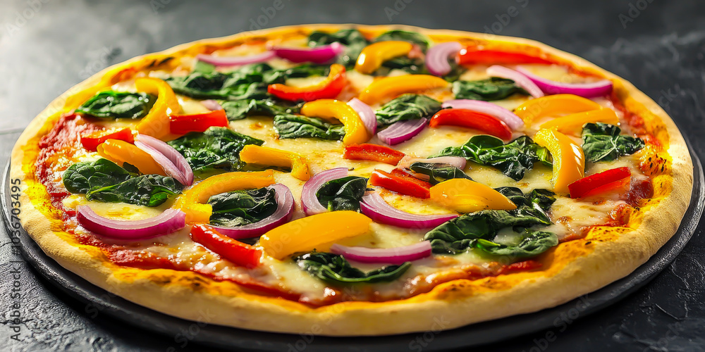A pizza with a variety of vegetables including onions, peppers, and spinach. The pizza is placed on a black plate A pizza with a variety of vegetables including onions, peppers, and spinach. The pizza is placed on a black plate