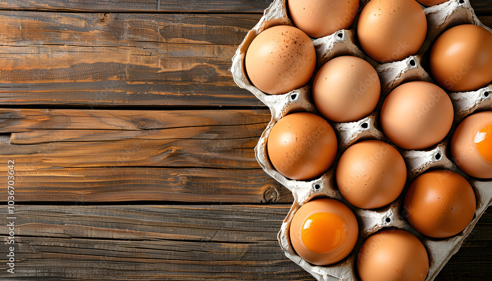 Carton of raw chicken eggs on wooden background, top view. Space for text Carton of raw chicken eggs on wooden background, top view. Space for text