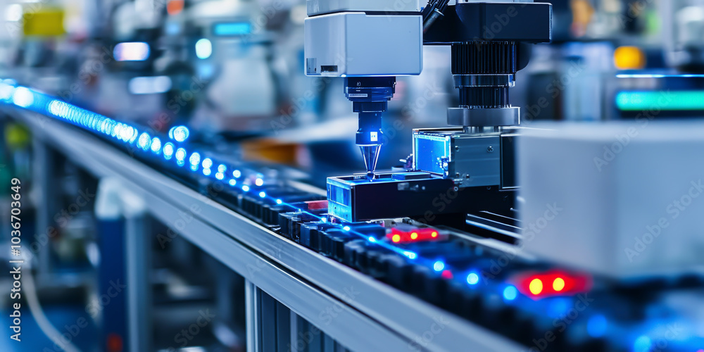 A factory line with a machine that is glowing blue. The machine is making something. The factory line is very long A factory line with a machine that is glowing blue. The machine is making something. The factory line is very long