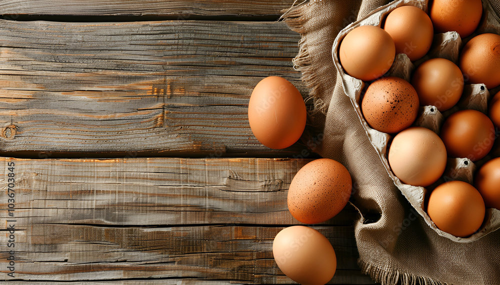 Carton of raw chicken eggs on wooden background, top view. Space for text Carton of raw chicken eggs on wooden background, top view. Space for text