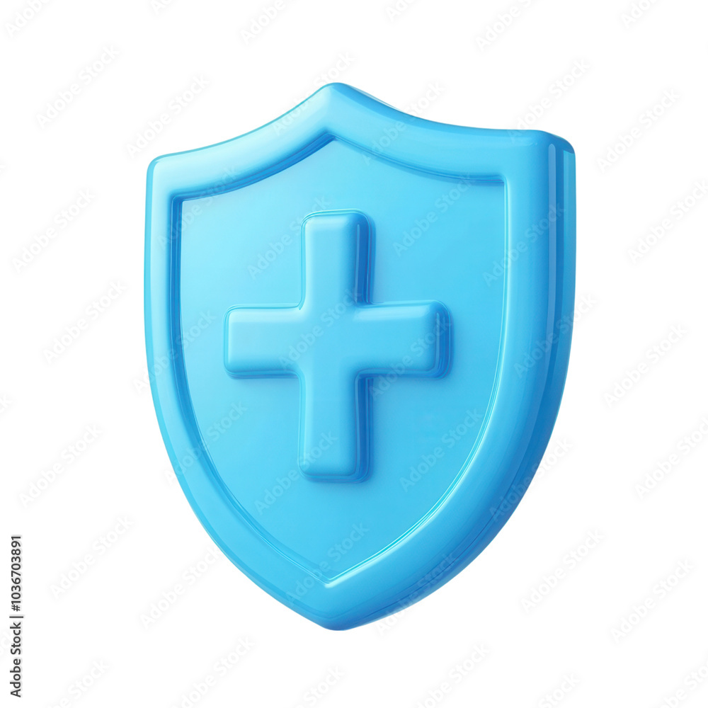 Obraz premium A stylized blue shield with a plus symbol, representing protection, safety, or health in a clean and modern design.