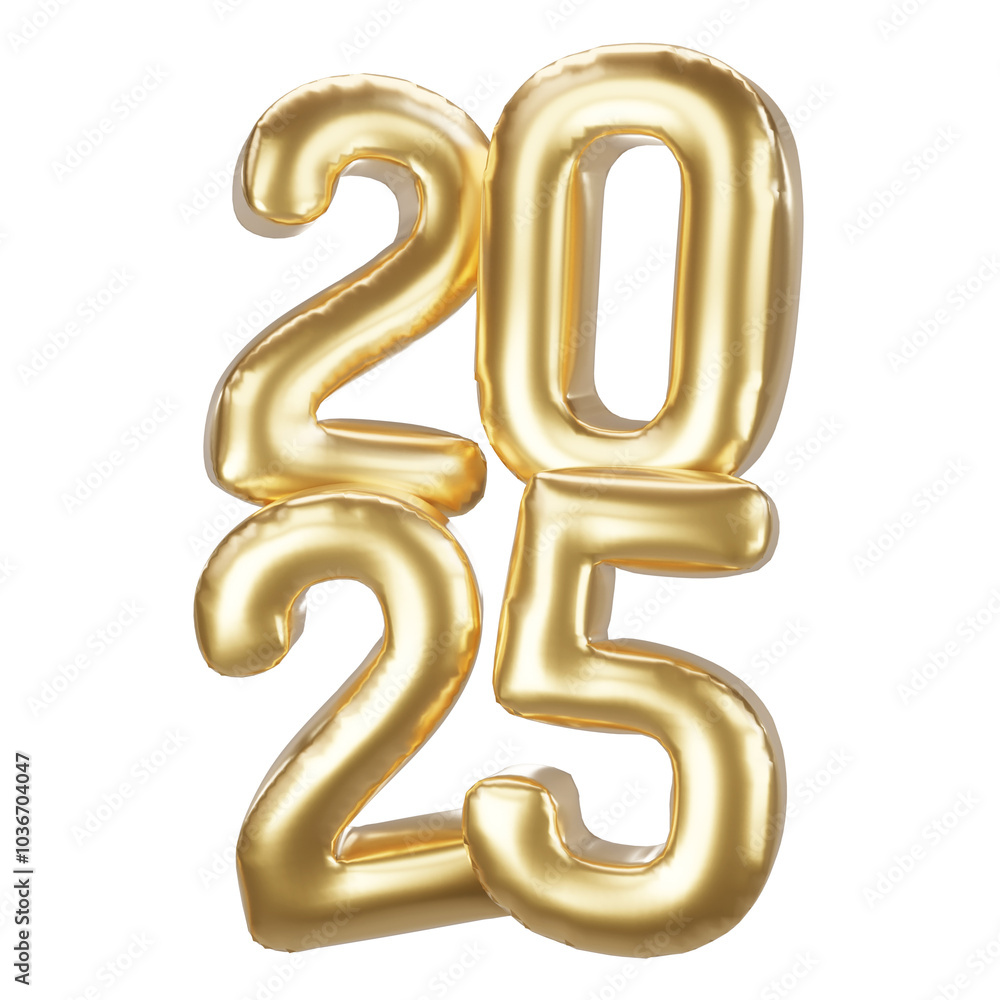 Happy new year 2025 metallic gold foil balloons. 3D render Golden Helium balloons 2025. Happy new year 2025 metallic gold foil balloons. 3D render Golden Helium balloons 2025.