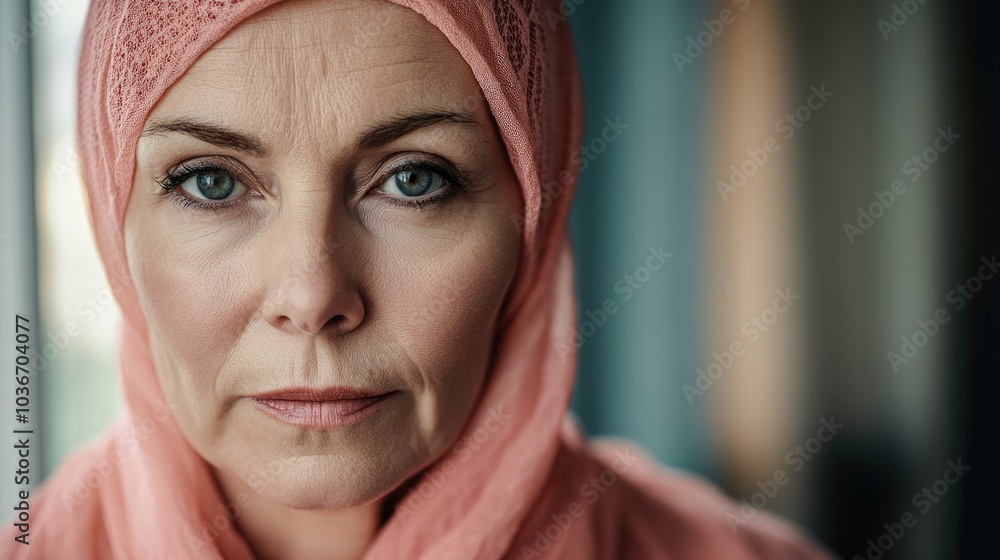 A older woman with cancer, wearing a pink scarf, looks directly into the camera Breast Cancer support A older woman with cancer, wearing a pink scarf, looks directly into the camera Breast Cancer support