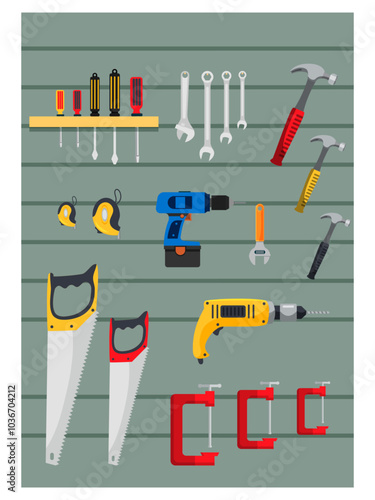 Hardware shop interior design display elements. Stand with toolkits, saws, hammers, screwdrivers, boxes vector illustration. Tools and materials assortment for renovation.