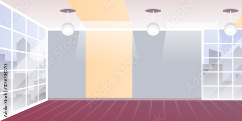 Empty office interior with panoramic window and city views. Empty modern open space. Studio for rental. Real estate agency. Cartoon vector illustration.