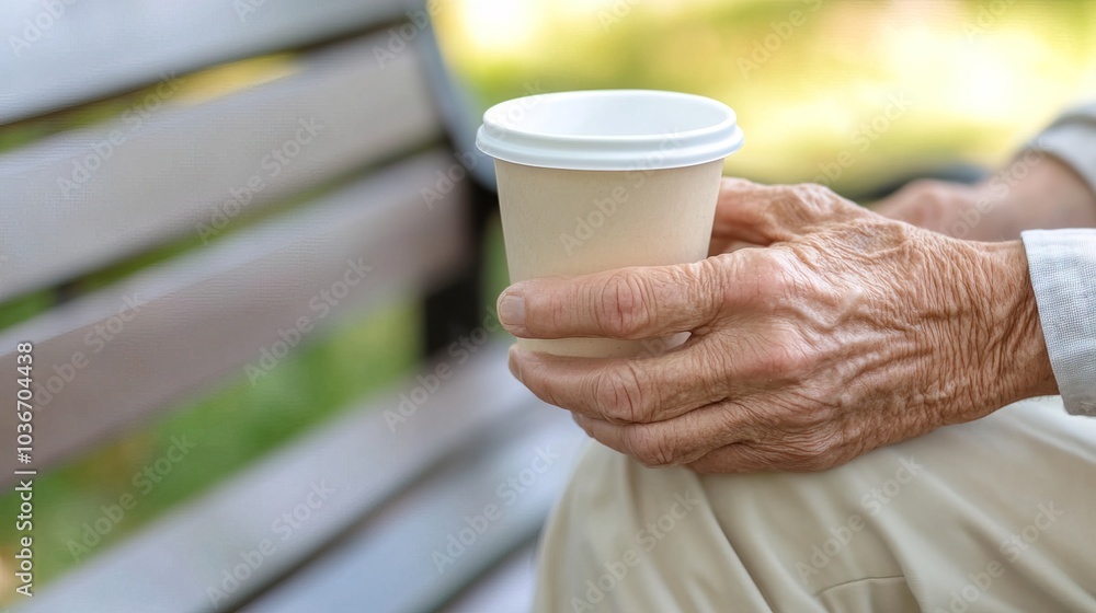 Middle-aged man with slight tremor holding cup of coffee on park bench, symbolizing struggle with Parkinson's disease, calm natural setting. Middle-aged man with slight tremor holding cup of coffee on park bench, symbolizing struggle with Parkinson's disease, calm natural setting.