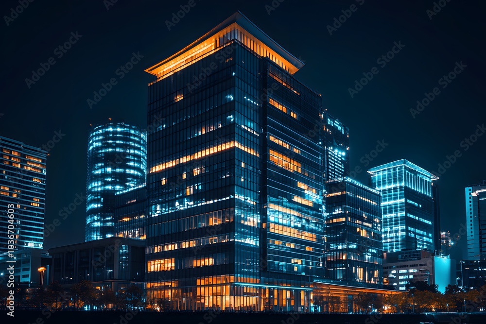 Illuminated Modern Skyscrapers in a City at Night Illuminated Modern Skyscrapers in a City at Night
