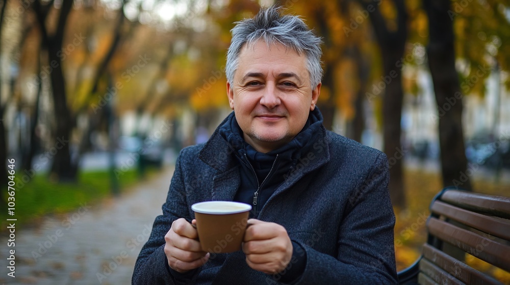 Middle-aged man with slight tremor holding cup of coffee on park bench, symbolizing struggle with Parkinson's disease, calm natural setting. Middle-aged man with slight tremor holding cup of coffee on park bench, symbolizing struggle with Parkinson's disease, calm natural setting.