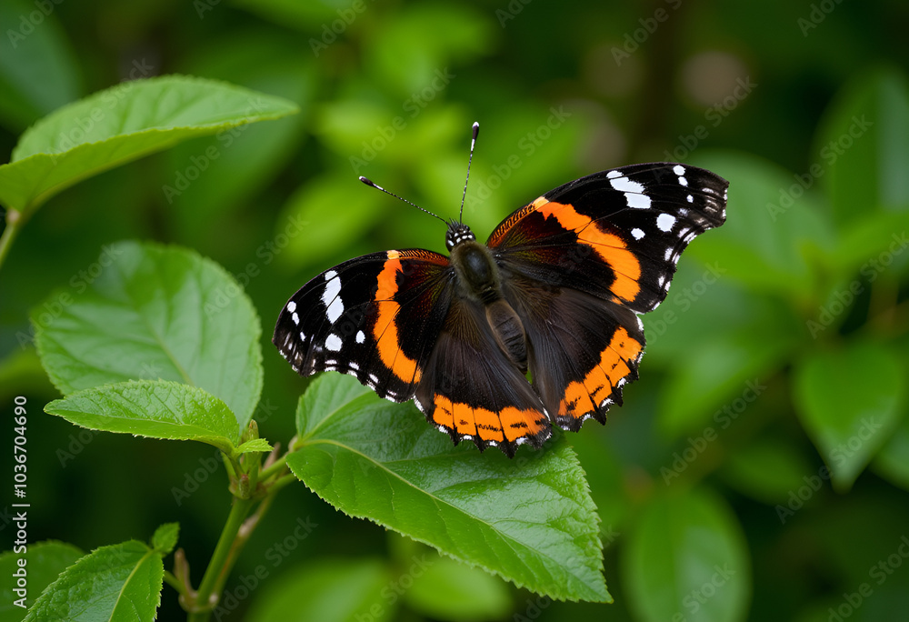 Close-up of colorful butterfly resting on green leaves, nature and beauty concept Close-up of colorful butterfly resting on green leaves, nature and beauty concept