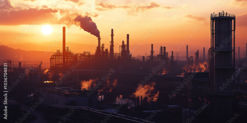 A large industrial area with a lot of smoke and a sunset in the background. The sky is orange and the sun is setting A large industrial area with a lot of smoke and a sunset in the background. The sky is orange and the sun is setting