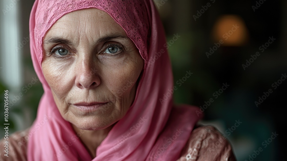 A older woman with cancer, wearing a pink scarf, looks directly into the camera Breast Cancer support A older woman with cancer, wearing a pink scarf, looks directly into the camera Breast Cancer support