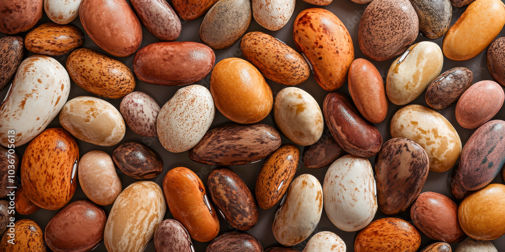 A close up of many different colored beans. The beans are of various sizes and colors, including brown, orange, and white. Concept of diversity and abundance A close up of many different colored beans. The beans are of various sizes and colors, including brown, orange, and white. Concept of diversity and abundance