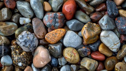 A close-up view of a lakeshore with small, polished stones, each with unique textures and colors.